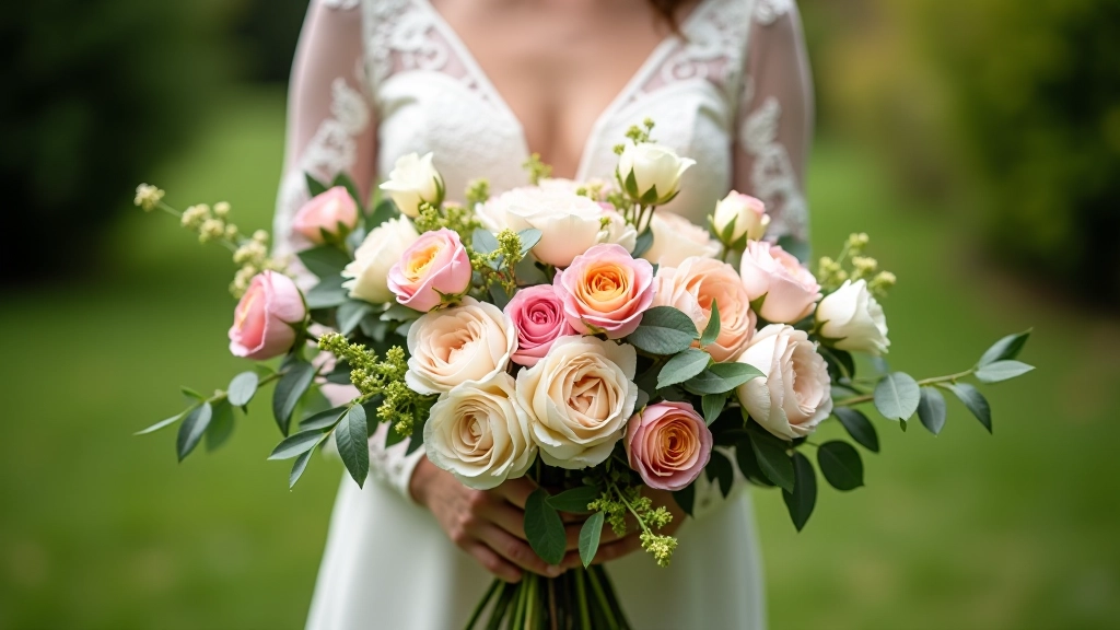 Arranged wedding flowers showing seasonal blooms: peonies, garden roses, dahlias, and seasonal greenery displayed in a garden setting