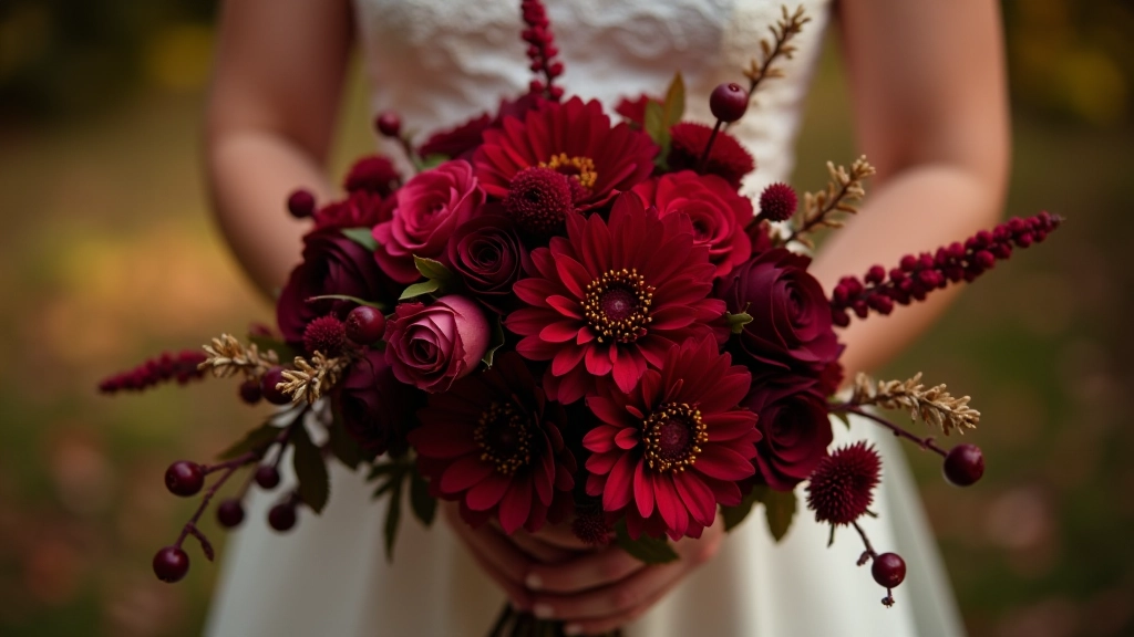 Autumn wedding bouquet with burgundy dahlias, chocolate-toned roses, red hypericum berries, and trailing bronze foliage