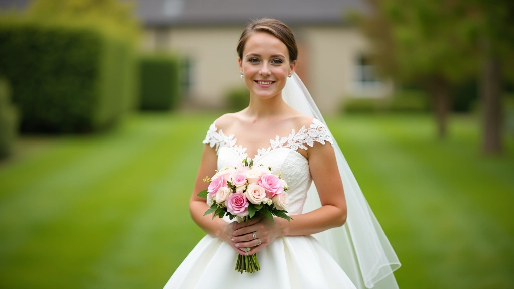 Bride holding blush pink bridal bouquet outdoors in garden setting, natural sunlight, detailed flower arrangement