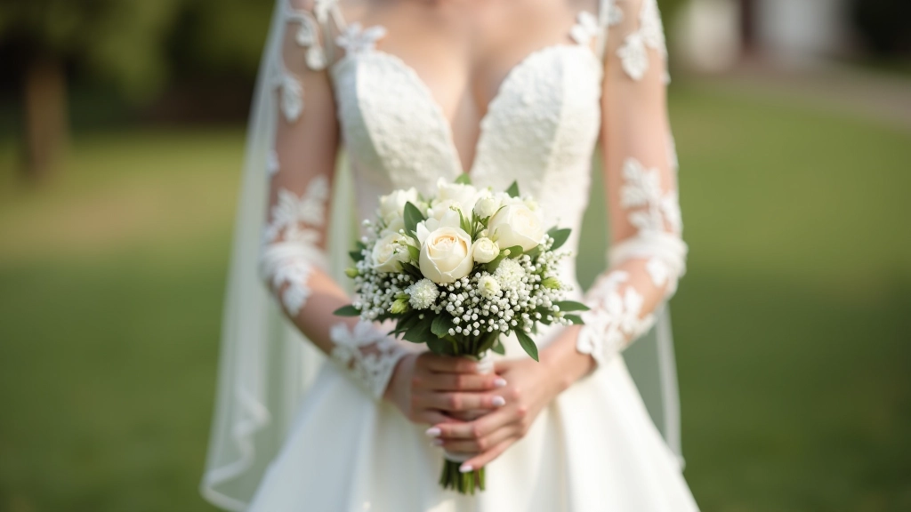 Bride in a fitted lace wedding dress holding a small, elegant bouquet with white roses and eucalyptus in an intimate portrait shot