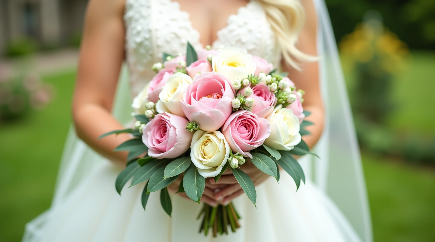 Bride holding a lush wedding bouquet with roses, peonies, and greenery against a white dress