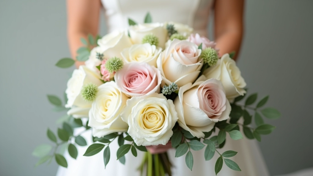 Close-up of wedding flowers showing detailed arrangement with roses, eucalyptus, and greenery in soft pink and white tones