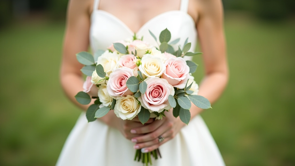Blush and ivory bridal bouquet with garden roses and eucalyptus