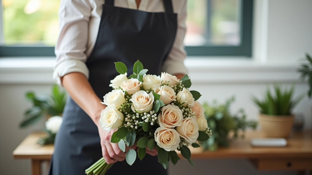 Florist arranging white and blush roses in a bridal bouquet, close-up of hands working with flowers