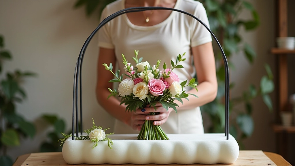 Florist working on arch installation showing floral foam preparation, flower placement technique, and structural supports for wedding ceremony arch