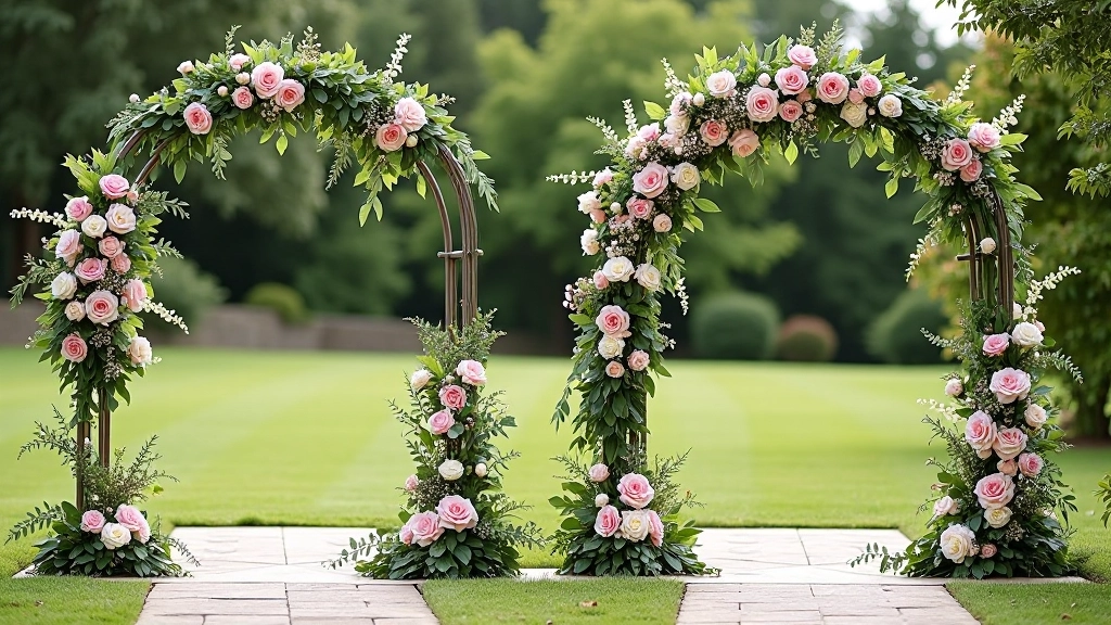 Four different wedding arch styles displayed side by side showing romantic blush arch, modern geometric arch, bohemian mixed texture arch, and garden style arch
