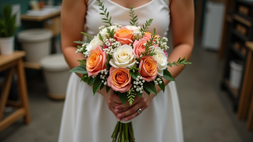 Hands carefully holding and arranging a wedding bouquet showing proper grip and positioning from above, florist workspace visible