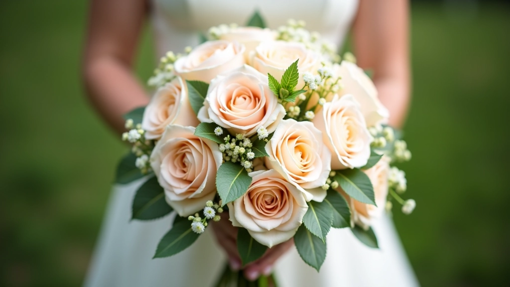 Close-up of a rounded garden-style bridal bouquet with mixed roses, garden roses, and trailing greenery in soft blush and cream tones