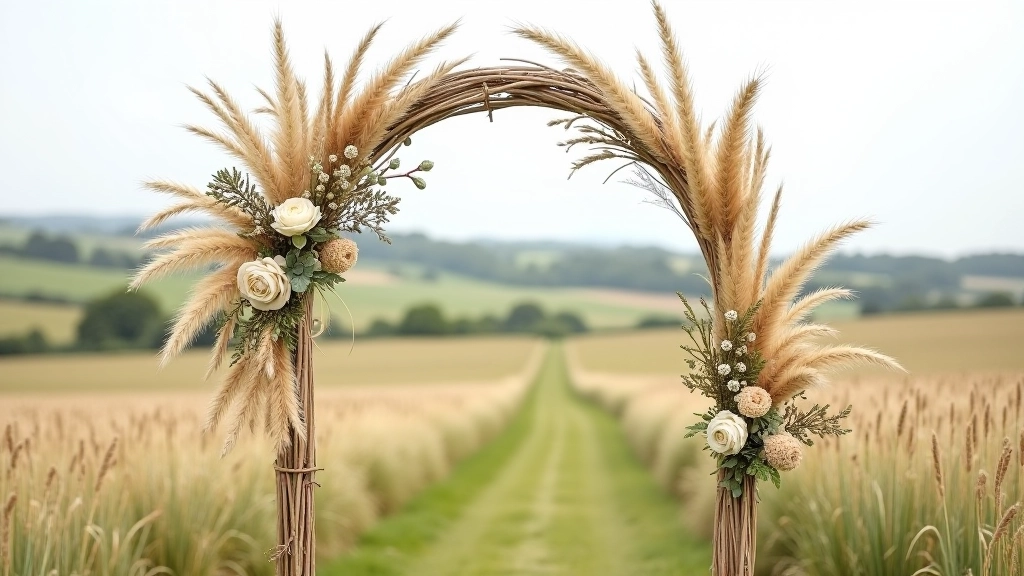 Rustic wedding arch with dried pampas grass and wildflowers