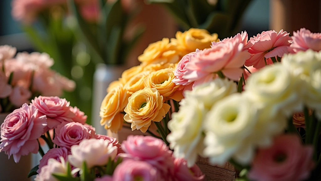 Variety of fresh seasonal flowers displayed at an Irish flower market with ranunculus, sweet peas, and lisianthus in vibrant spring colors