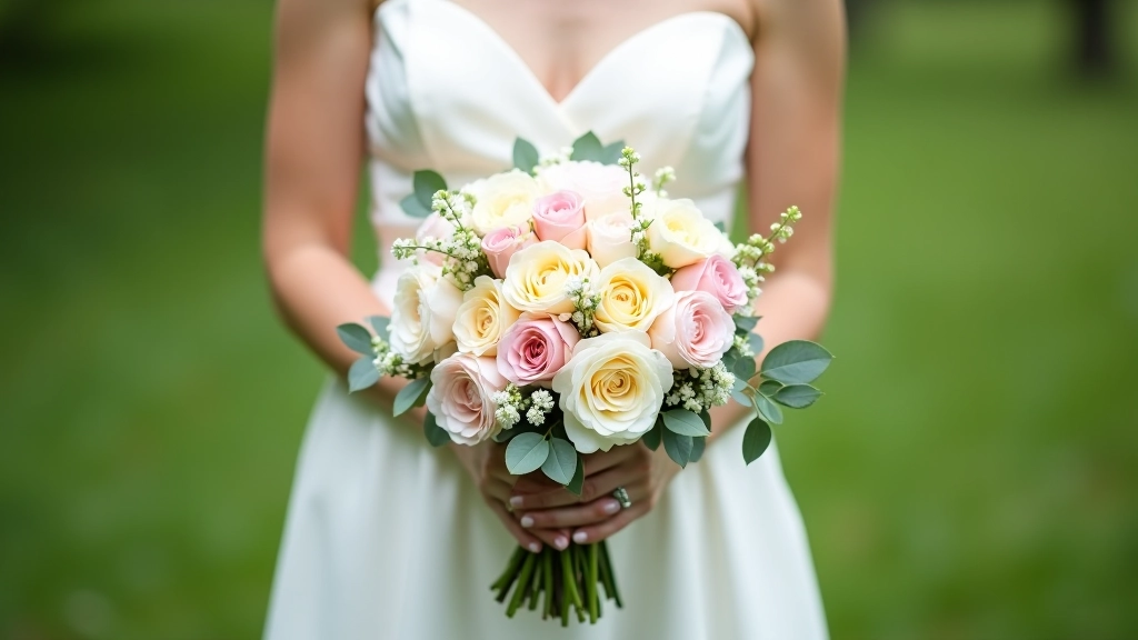 Spring wedding bouquet featuring blush ranunculus, cream garden roses, and white astilbe with trailing eucalyptus, held against bride's white dress