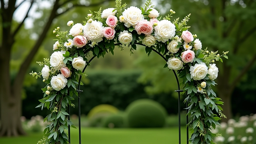 Lush floral arch installation with mixed white and blush flowers