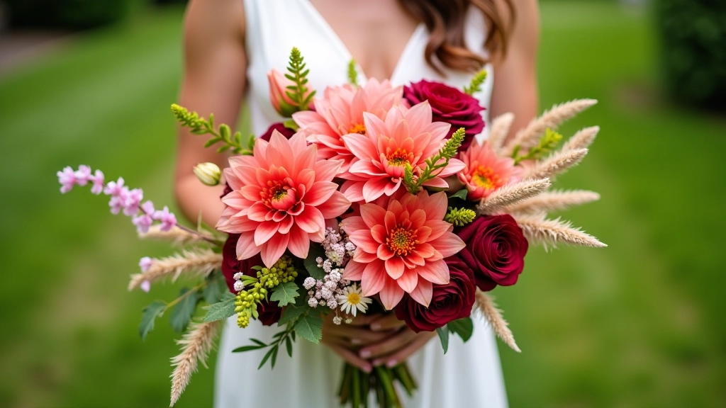 Summer wedding arrangement featuring coral dahlias, cream lisianthus, and deep burgundy roses with ornamental grasses and trailing foliage