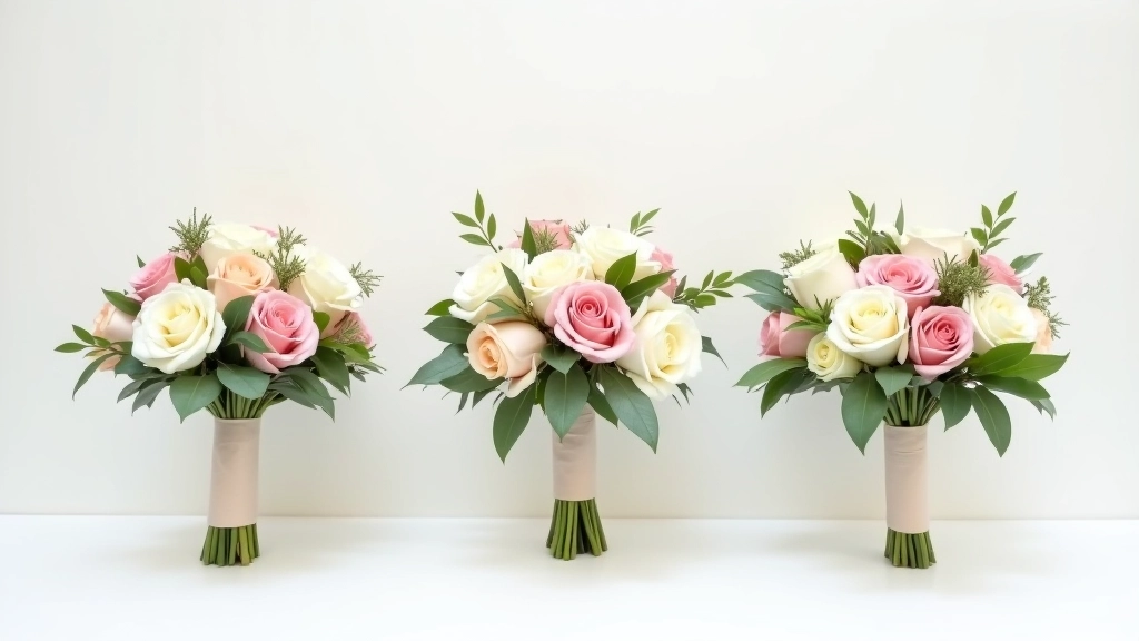 Three bouquets displayed side by side showing different shapes: a tight round bouquet, a flowing cascading bouquet, and a modern linear arm bouquet with varying heights