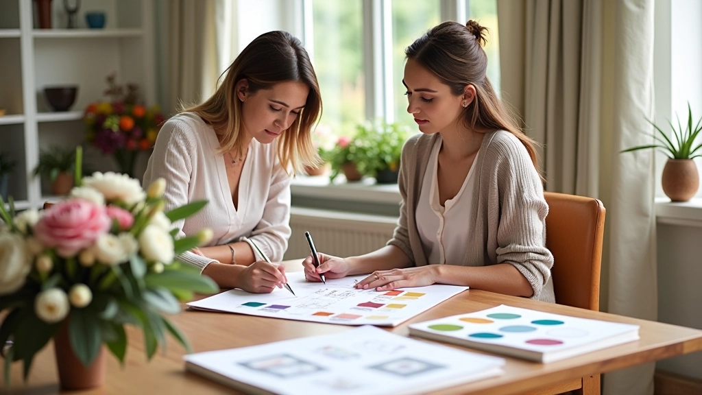 Two women at a wooden table reviewing floral design sketches and samples during a consultation