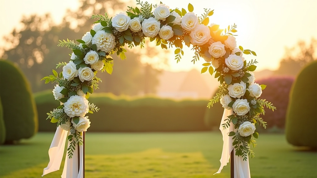 Floral arch decorated with white flowers, greenery, and fabric draping at outdoor ceremony venue