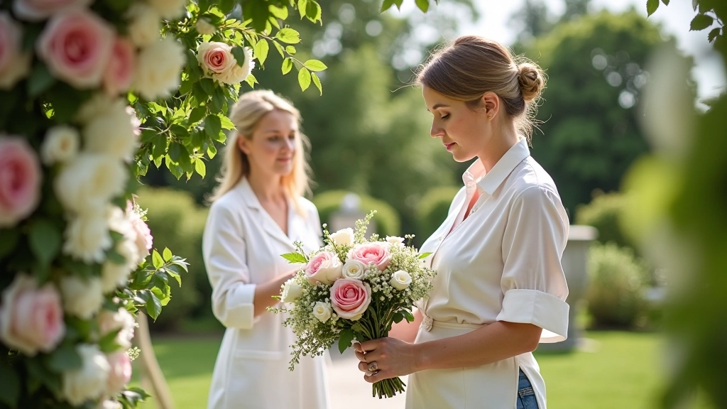Florist delivering white and pink floral arch arrangement to outdoor wedding venue