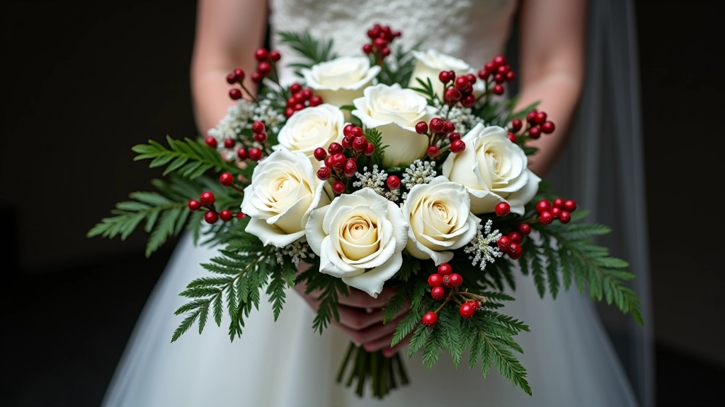 Winter wedding arrangement with white roses, red skimmia berries, dark evergreen foliage, and twisted branches in dramatic composition
